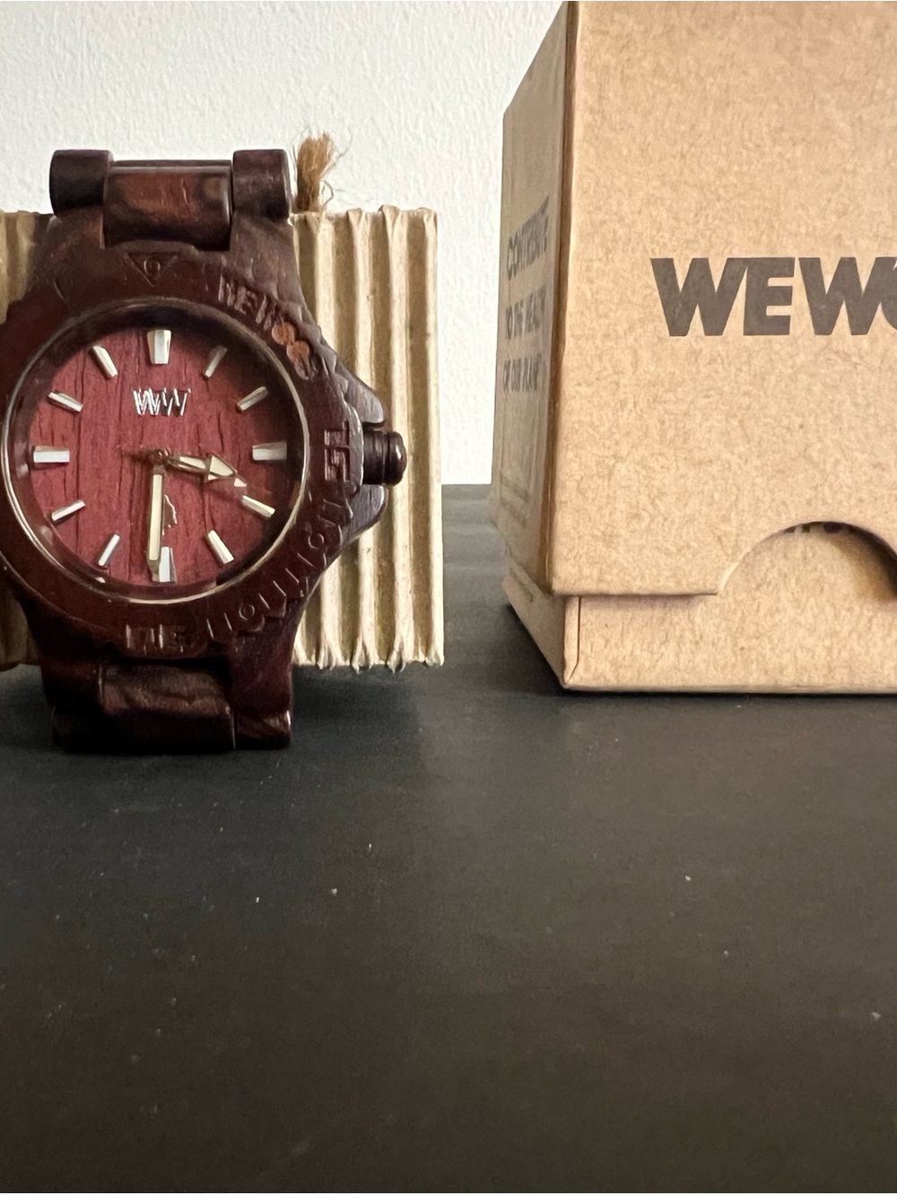 WEWOOD Women's Dark Brown Wooden Watch with Red Dial